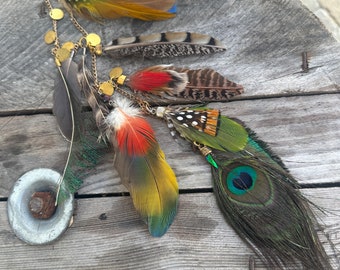 Extra long Feather Hair clip with ethically sourced Scarlet Macaw, rooster, Peacock and Pheasant feathers