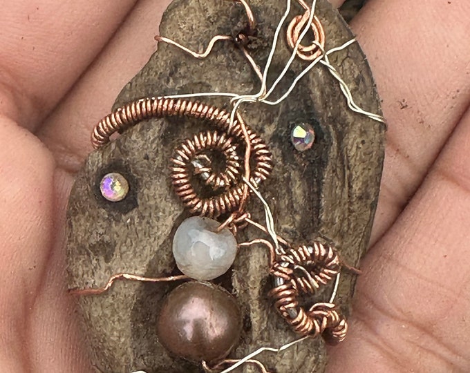 Wire-Wrapped Costa Rican Driftwood Beach Pendant necklace, Pearl and Hematite