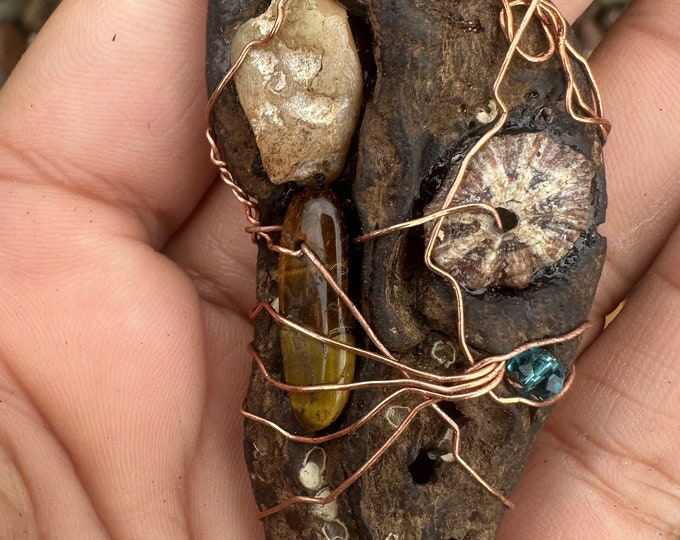 Wire-Wrapped Rican Driftwood Pendant with raw Opal, tigers eye  and hawaiian Opihi shell