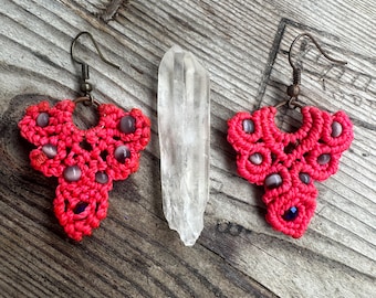 Coral Red/Pink Macrame earrings made by the Shipibo Tribe in Iquitos, Peru