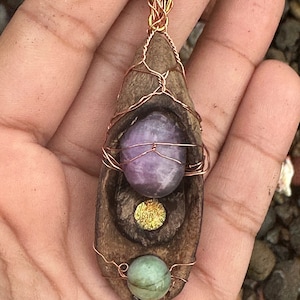 Wire-Wrapped Costa Rican Driftwood Beach Pendant necklace  with Amethyst, Dichroic Glass and Green Moonstone