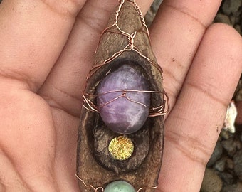 Wire-Wrapped Costa Rican Driftwood Beach Pendant necklace  with Amethyst, Dichroic Glass and Green Moonstone