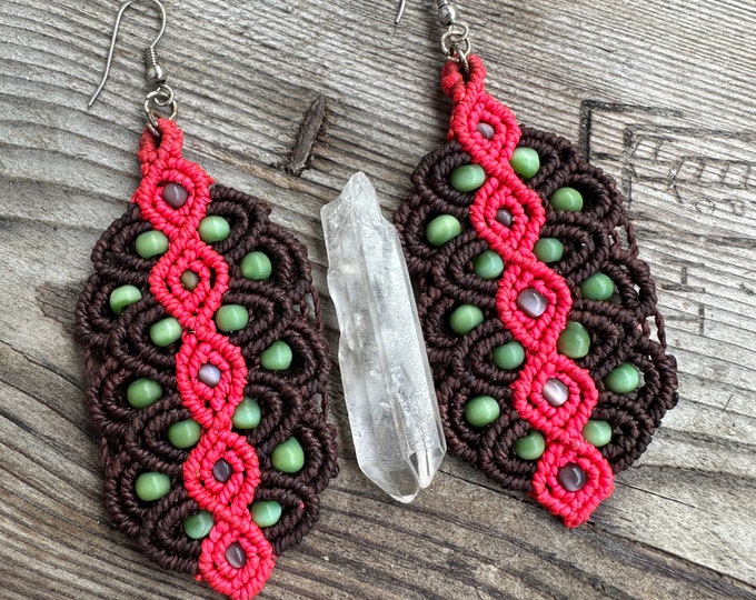 Brown and Pink Macrame earrings made by the Shipibo Tribe in Iquitos, Peru