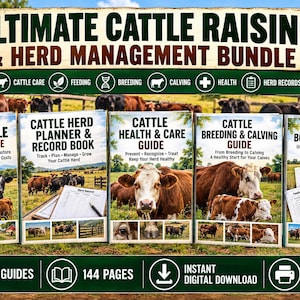 以下が含まれることがあります： Ultimate Cattle Raising & Herd Management Bundleというタイトルのデジタルバンドルで、合計144ページのPDFガイド5冊が含まれています。肉牛の飼育、群れの管理、健康、繁殖、分娩に関するガイドと、印刷可能な記録シートのセットです。