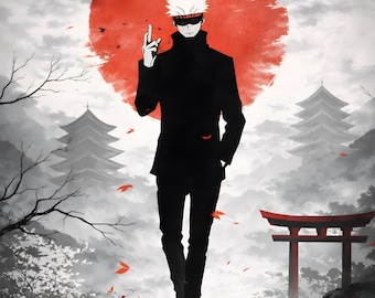 Lámina de hechicero de anime, cabello blanco, inspirada en jujutsu (descarga digital)