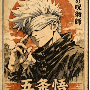 May include: Vintage-style poster featuring an anime character with white hair and a blindfold, set against a red sun. The poster includes Japanese text and a distressed, aged appearance, evoking a retro aesthetic.
