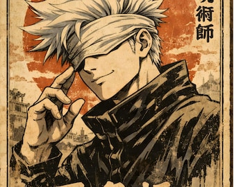 Lámina de hechicero de anime, cabello blanco, inspirada en jujutsu (descarga digital)