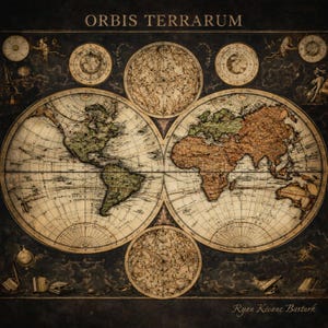 Könnte beinhalten: Eine Weltkarte im Vintage-Stil mit dem Titel "ORBIS TERRARUM" oben. Die Karte zeigt detaillierte Illustrationen der Kontinente in Braun-, Grün- und Beigetönen auf dunklem Hintergrund. Zusätzliche kreisförmige Diagramme und Illustrationen umgeben die Hauptkarte.