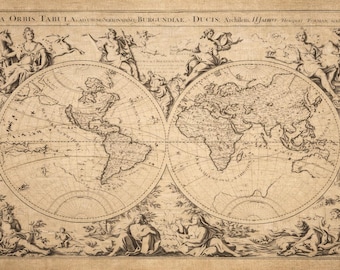 Impresión de mapamundi antiguo de dos hemisferios – Estilo del siglo XVII - Mapa del tesoro (descarga digital)