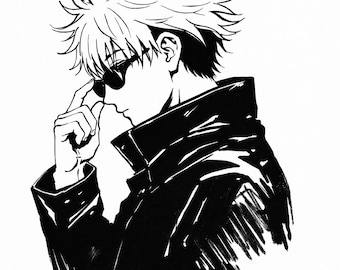 Póster de anime en blanco y negro, arte mural minimalista de manga, impresión de personaje con cabello puntiagudo, arte moderno de estilo japonés, descarga digital 4K.