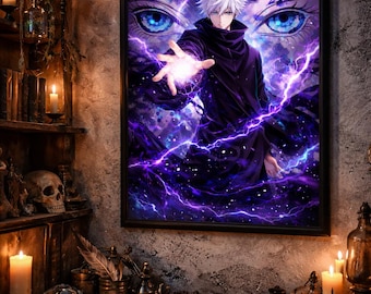 Lámina de hechicero de anime, cabello blanco, inspirada en jujutsu (descarga digital)