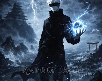 Lámina de hechicero de anime, cabello blanco, inspirada en jujutsu (descarga digital)