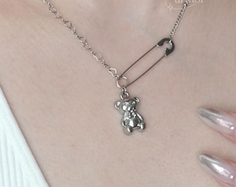 Teddybeer veiligheidsspeld ketting • Roestvrij staal • Hartketting Satellite Chain Choker