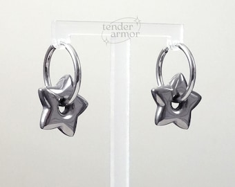 Chunky Star Huggie Hoops • Stainless Steel • Y2K Unisex Silver Earrings • 1 Pair