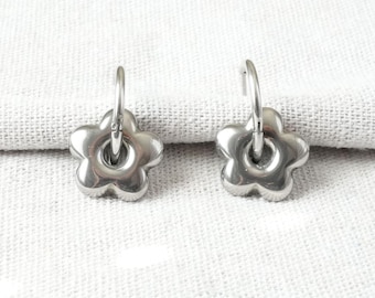 Chunky Flower Huggie Hoops • Stainless Steel • Y2K Unisex Silver Earrings • 1 Pair
