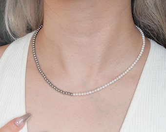 Tiny Half Pearl Half Silver Stainless Steel Beaded Necklace • Genuine Freshwater Pearls