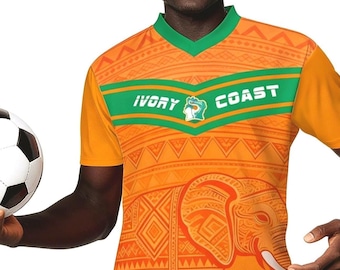 コートジボワール代表サッカーユニフォーム、象のグラフィック、オレンジと緑のファン向けフットボールシャツ