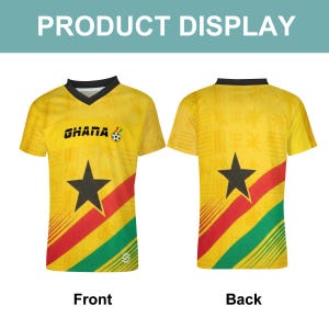 Pu&ograve; includere: Maglia da calcio gialla del Ghana con dettagli neri, con una stella nera e la scritta "Ghana". Vengono mostrate le viste anteriore e posteriore della maglia, evidenziando il design e i colori.