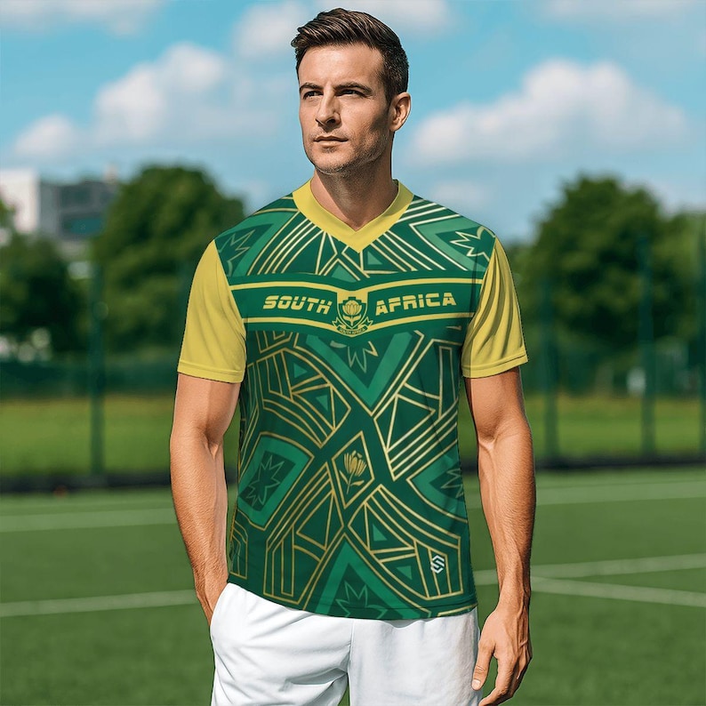 May include: A green and gold short-sleeve shirt with a V-neck collar. The shirt features a geometric design and the words "SOUTH AFRICA" across the chest. The shirt has yellow sleeves and collar.