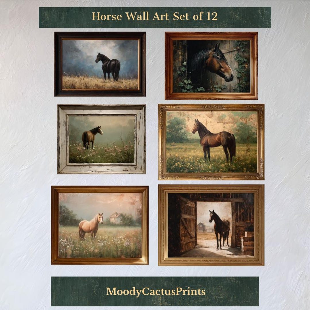 Vintage Horse Wall Art Set of 12, Rustic Equestrian Oil Painting Prints ...