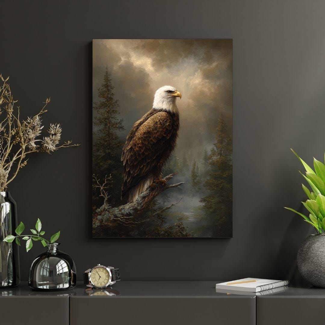Classic Antique Bald Eagle Wall Art, Vintage Oil Painting Print, 19th ...