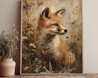 Fox Wall Art Printable, Vintage Oil Painting Style, Baby Fox Kit in Wildflowers, Rustic Woodland Nursery Decor, Cottagecore Animal Portrait