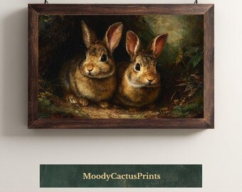 Antique Style Bunnies Painting, Two Rabbits Oil Art Print, Vintage Bunny Wall Decor