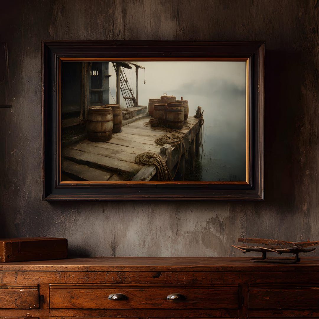 Rustic Harbor Wooden Dock Wall Art, Antique Style Lake Landscape Print ...