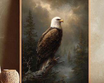 Art mural pygargue à tête blanche imprimable, peinture majestueux oiseau de proie, paysage forestier de mauvaise humeur, art animalier vintage, décoration de cabine rustique à télécharger