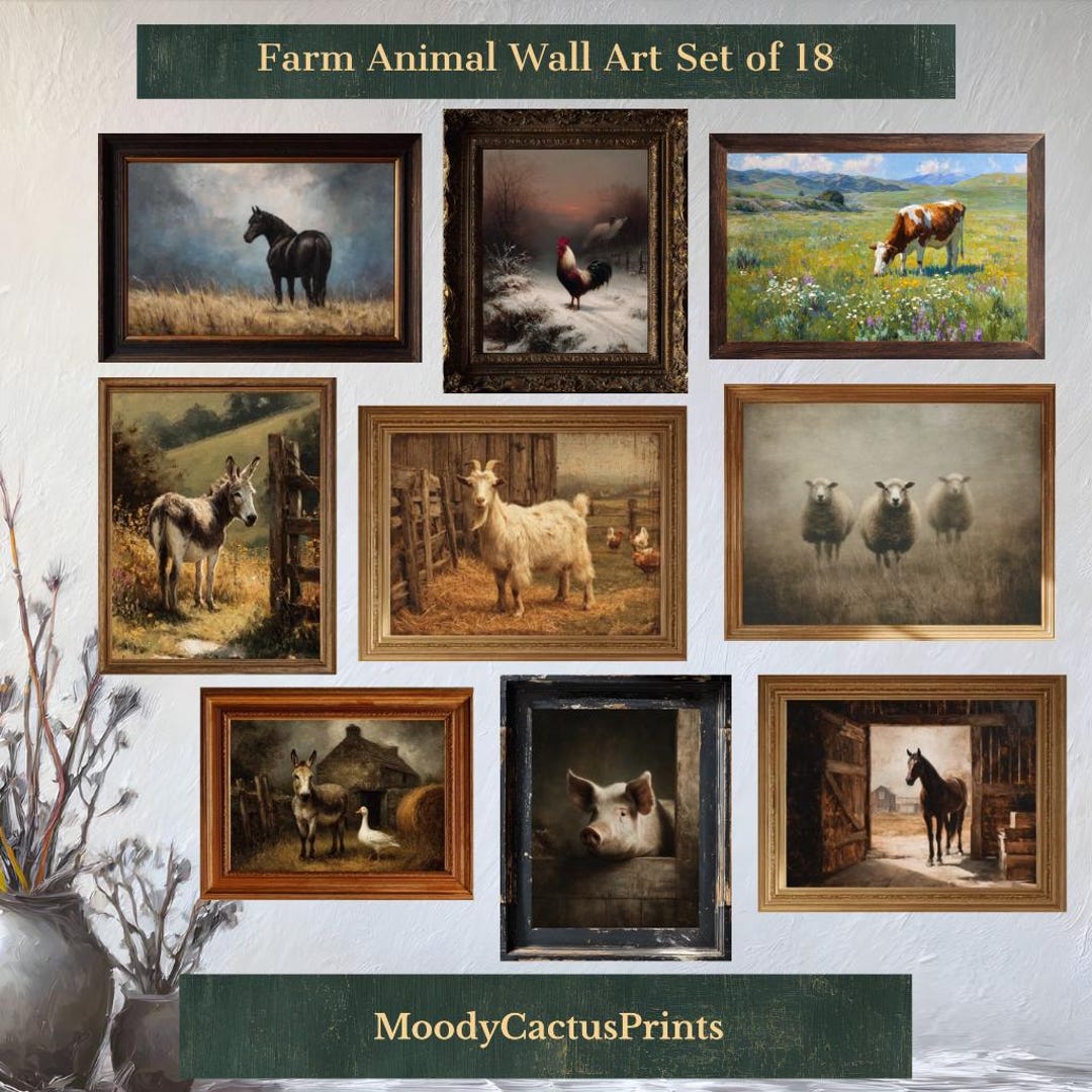 Farm Animal Wall Art Set of 18, Vintage Oil Painting Prints, Rustic ...