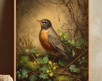 American Robin Oil Painting Printable Wall Art, Vintage Bird Print, Antique Style Nature Artwork, Woodland Bird Digital Download