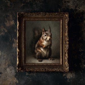 Gray Squirrel Art Print, Antique Victorian Style Oil Painting, Digital Wall Decor Download