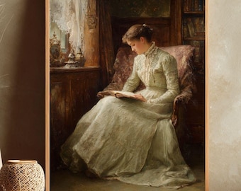 Kvinna som läser vintage oljemålning, utskrivbar väggkonst av mörk akademi, viktoriansk damporträtt, gåva av bokälskare, stämningsfull bibliotekskonst