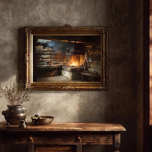May include: A framed painting depicting a blacksmith's workshop with a roaring fire in the hearth. The painting is in a gold ornate frame, hanging above a wooden table with a vase and bowl.