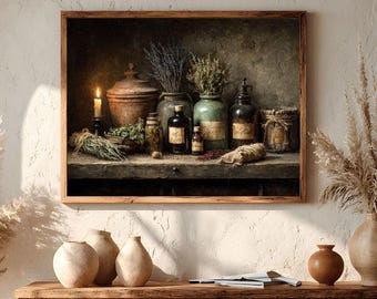 Vintage Apotheker Wand Kunst zum ausdrucken, Pflanzliche Wand Dekoration, Moody Botanische Küche Download