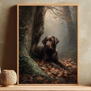 Quadro decorativo para parede com estampa de Labrador Chocolate, retrato de cachorro na floresta outonal, estilo de pintura a óleo dos antigos mestres, impressão artística de Labrador Retriever.
