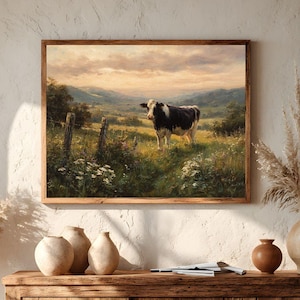 Utskrivbar väggkonst med komålning, bondgårdslandskap, Holsteinko på äng, rustik pastoral oljemålning, digital nedladdning