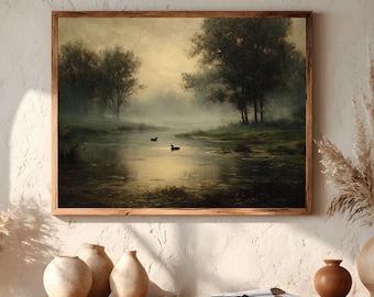 Misty Lake Landscape Wall Art Printable, Vintage Oil Painting Nature Decor