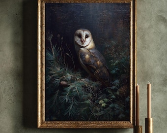 Barn Owl Wall Art, Dark Moody Forest Painting, Vintage Bird Print, Gothic Wildlife Printable, Dark Academia Nature Decor
