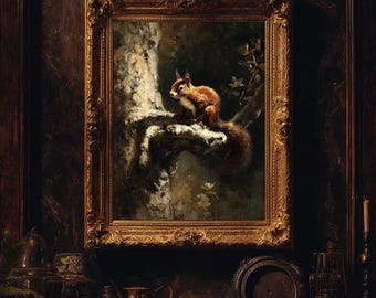 Ardilla roja posada en una rama nudosa, impresión de pintura rústica de animales del bosque, regalo para amantes de las ardillas