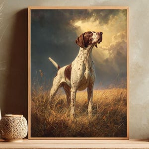 May include: A framed wall art print featuring a brown and white spotted pointer dog standing in a golden field of tall grass. The dog looks upward toward a dramatic, stormy sky with dark clouds and bright light breaking through the heavy overcast.