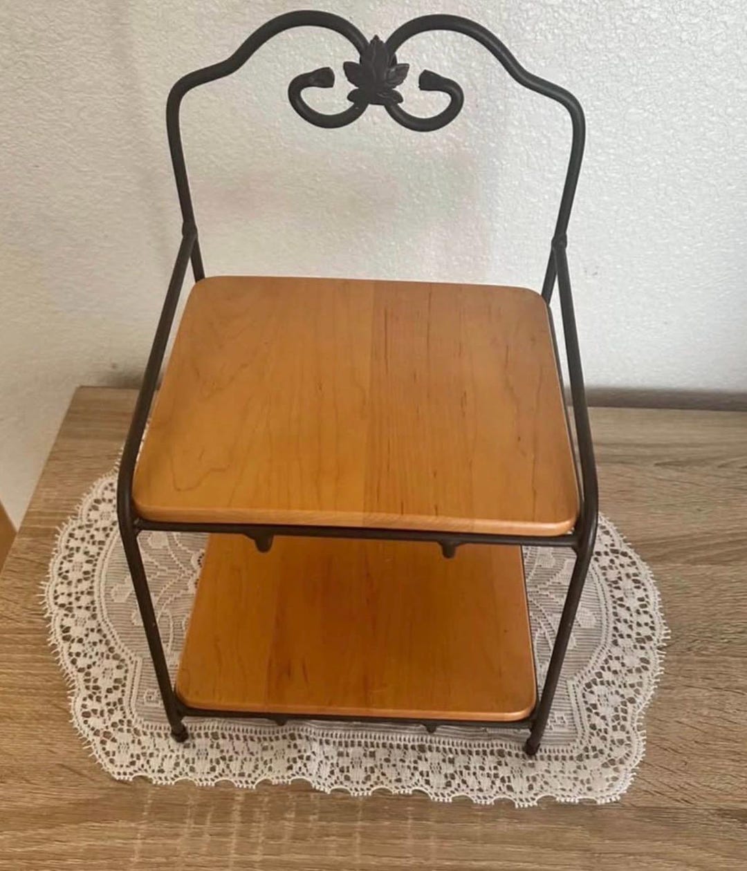 Longaberger 2 Tier Wrought Iron Tray Stand With Original Woodcraft ...