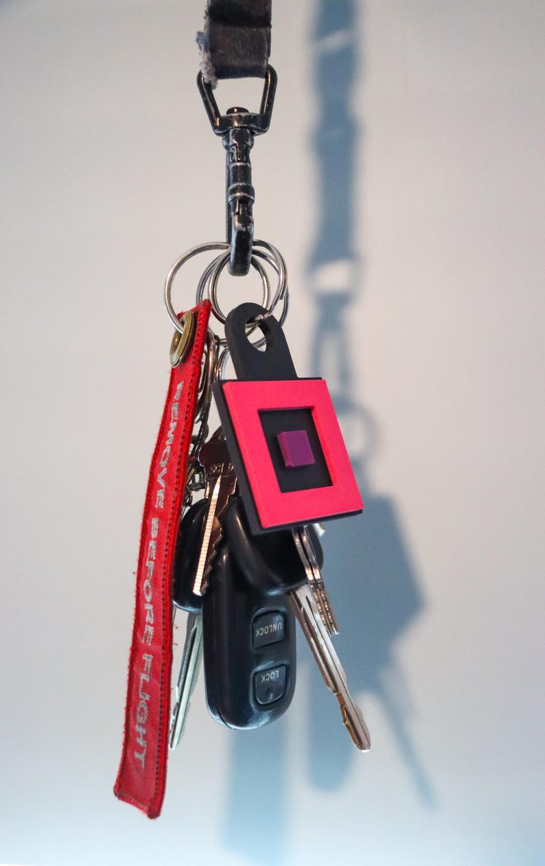 K&ouml;nnte beinhalten: Ein Schl&uuml;sselbund, der an einem schwarzen Metallkarabiner befestigt ist. Die Schl&uuml;ssel umfassen einen Autoschl&uuml;sselanh&auml;nger und mehrere Metallschl&uuml;ssel. Ein rotes Etikett mit dem Text "REMOVE BEFORE FLIGHT" ist angebracht. Ein schwarzer und pinkfarbener Schl&uuml;sselanh&auml;nger ist ebenfalls vorhanden.