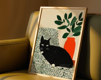 Black Cat Wall Art Print, Tuxedo Cat Art Digital Download, Trendy Cat Printable, Modern Botanical Cat Decor, Cool Quirky Wall Art