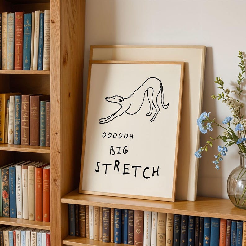 a framed artwork of a dog on a bookshelf, with the text "OOOOH BIG STRETCH" written below the dog.