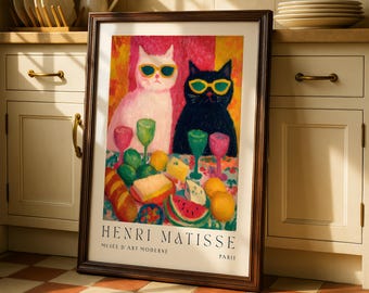 Funny Cat Wine Print, Cat Wall Art, Bar Cart Decor, Chic Poster, Kitchen Wall Art, Wine Lover Gift, Mid Century Modern, Dining Room Print