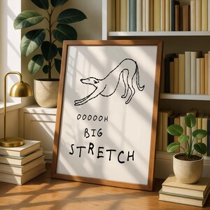 A framed poster with a drawing of a dog and the text "OODDOH BIG STRETCH" is displayed on a wooden surface, surrounded by books and plants.