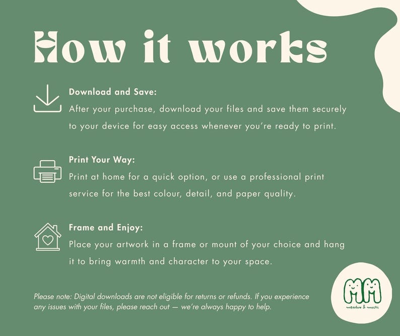 The image is a text-based graphic with a green background and white text. It provides instructions on how to print artwork, print at home, and frame and enjoy the artwork.