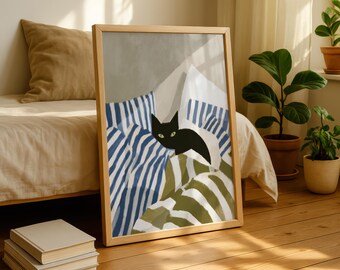Cat in Bed Print, Black Cat Printable Wall Art, Cozy Bedroom Cat Decor, Cat Lover Gift, Digital Download, Preppy Stripe Bedding Cat Art