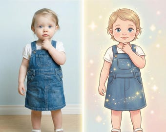 May include: The image shows a young child wearing a denim overall dress with a white t-shirt and white sandals. The text "Your Child Becomes the Hero" is at the top. The image is split, with a photo on the left and an illustration on the right.